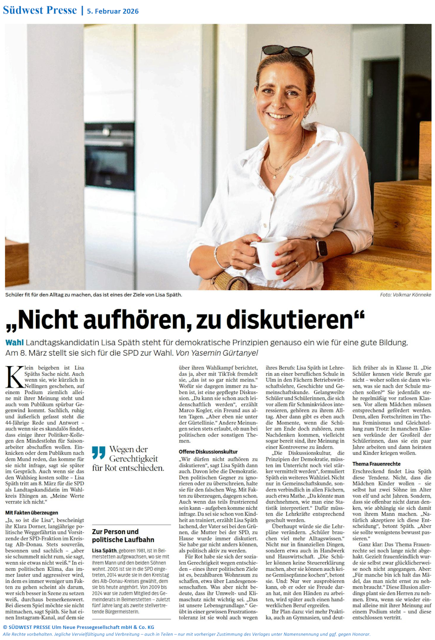 "Nicht aufhören, zu diskutieren" - Artikel über Lisa Späth in der Südwestpresse vom 5. Februar 2026